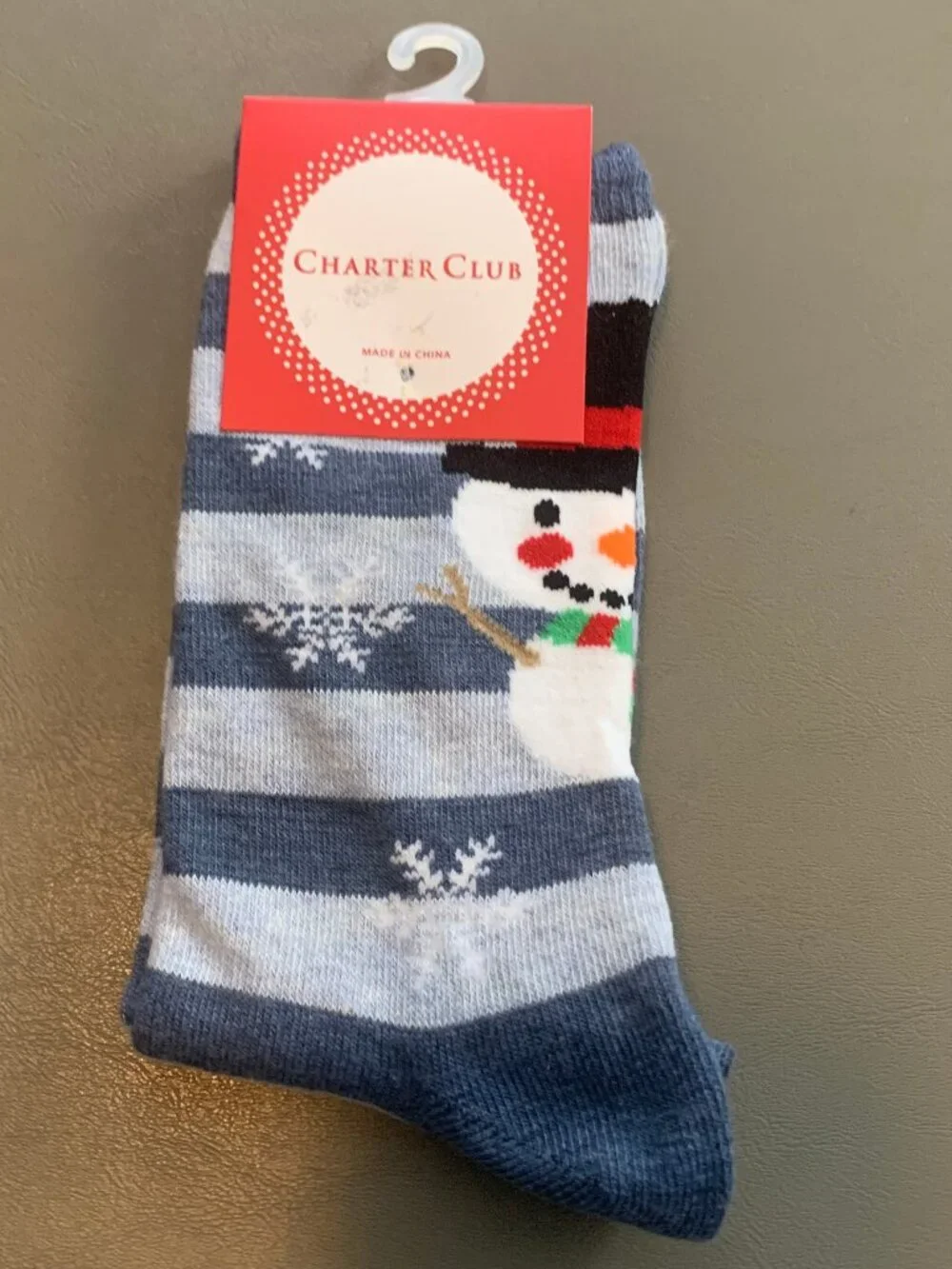 Charter Club Women's 1-Pair Crew Socks, Blue Stripe Christmas Snowman, One Size